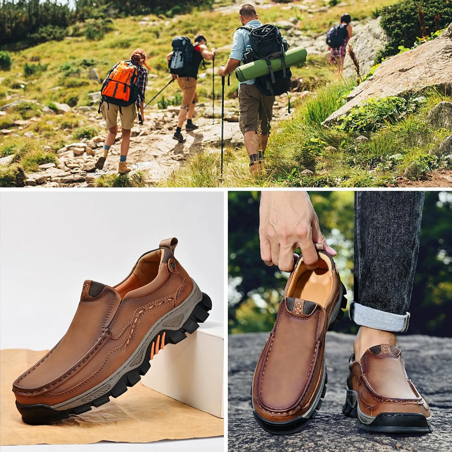 Waterproof Shoes for Men, Outdoor Casual Oxford, Lightweight Hiking Shoes, Breathable Leather Loafers, Comfortable Walking Sneakers