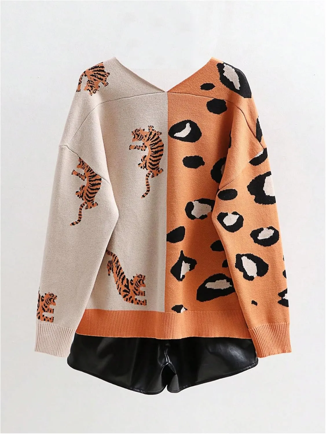 WDIRARA Women's Leopard Tiger Print Cardigan V Neck Long Sleeve Color Block Button Down Sweater Outwear