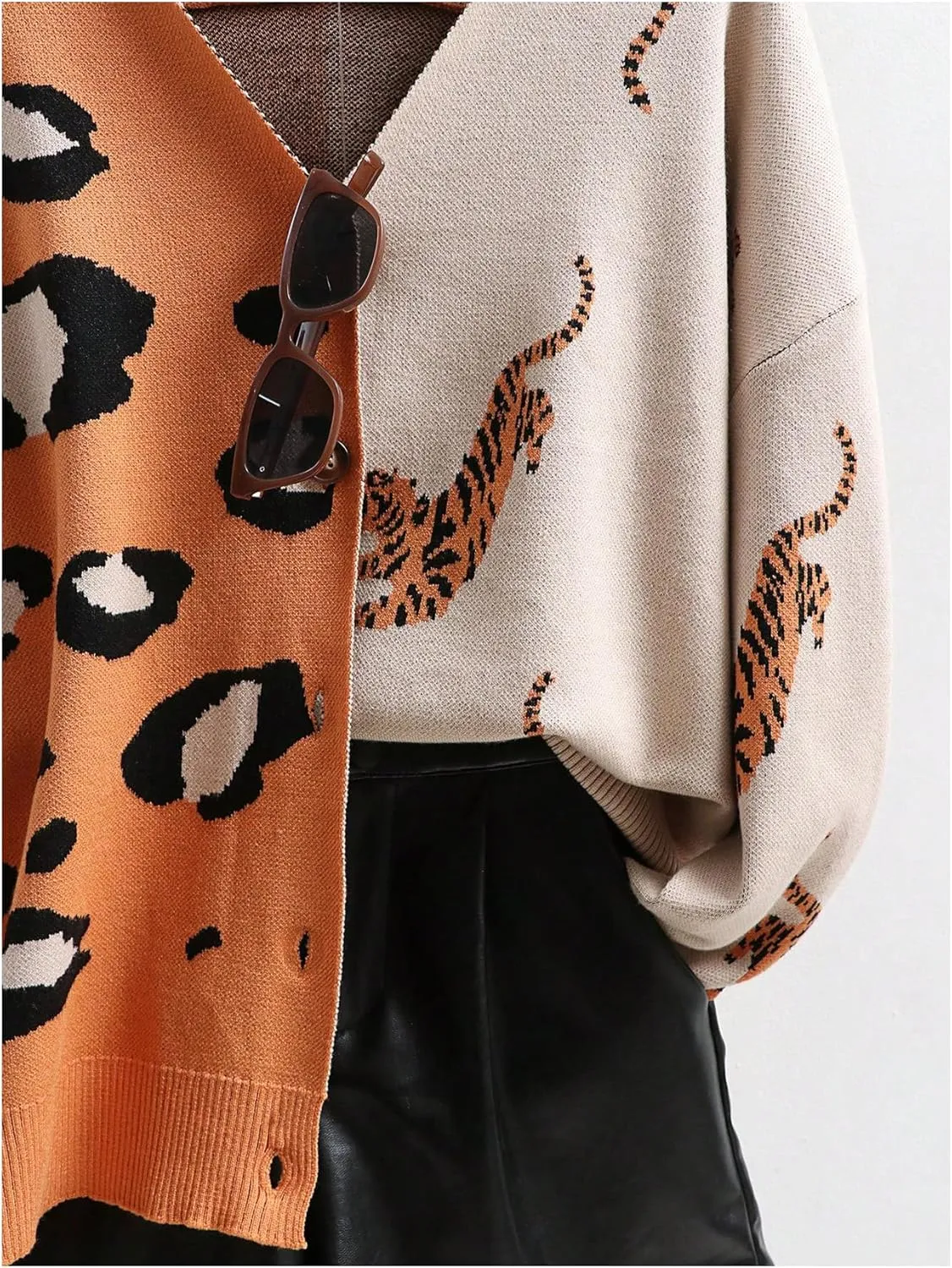 WDIRARA Women's Leopard Tiger Print Cardigan V Neck Long Sleeve Color Block Button Down Sweater Outwear