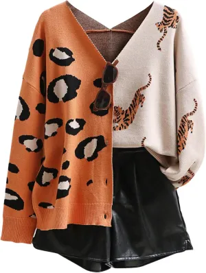 WDIRARA Women's Leopard Tiger Print Cardigan V Neck Long Sleeve Color Block Button Down Sweater Outwear