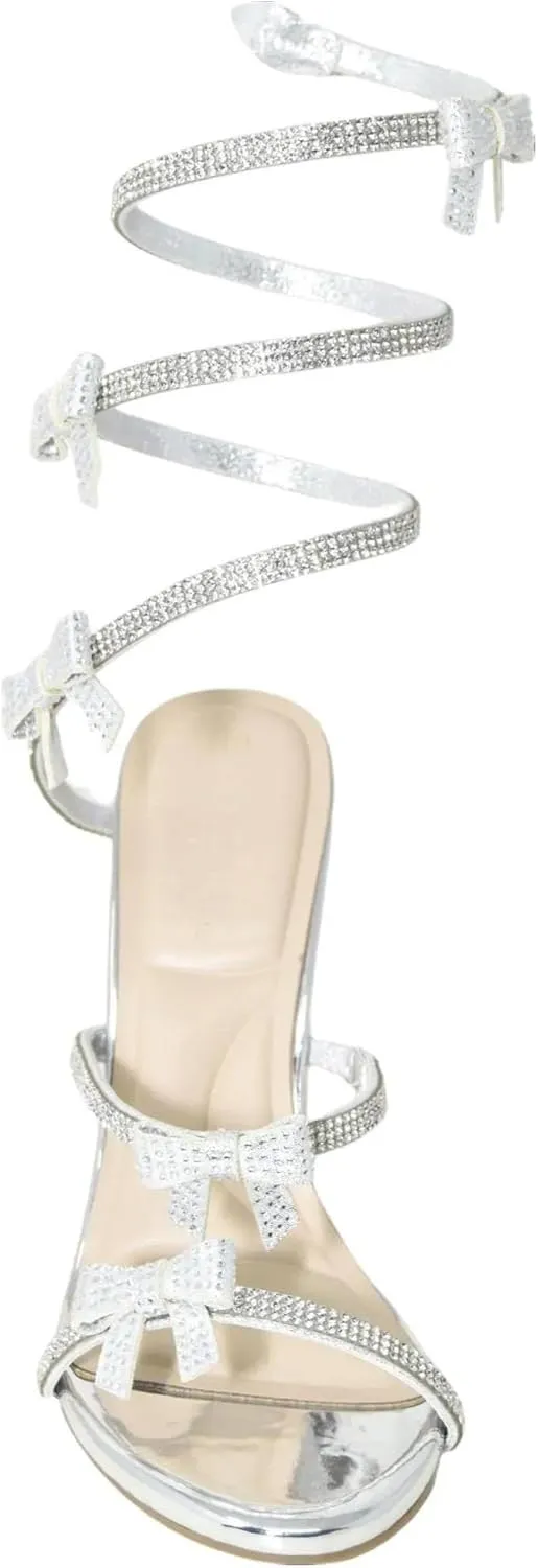 Wild Diva MORRIS-637 Embellished Rhinestone Sexy Coquette Bow Spiral Coil Wrap Around Block Heel Sandals