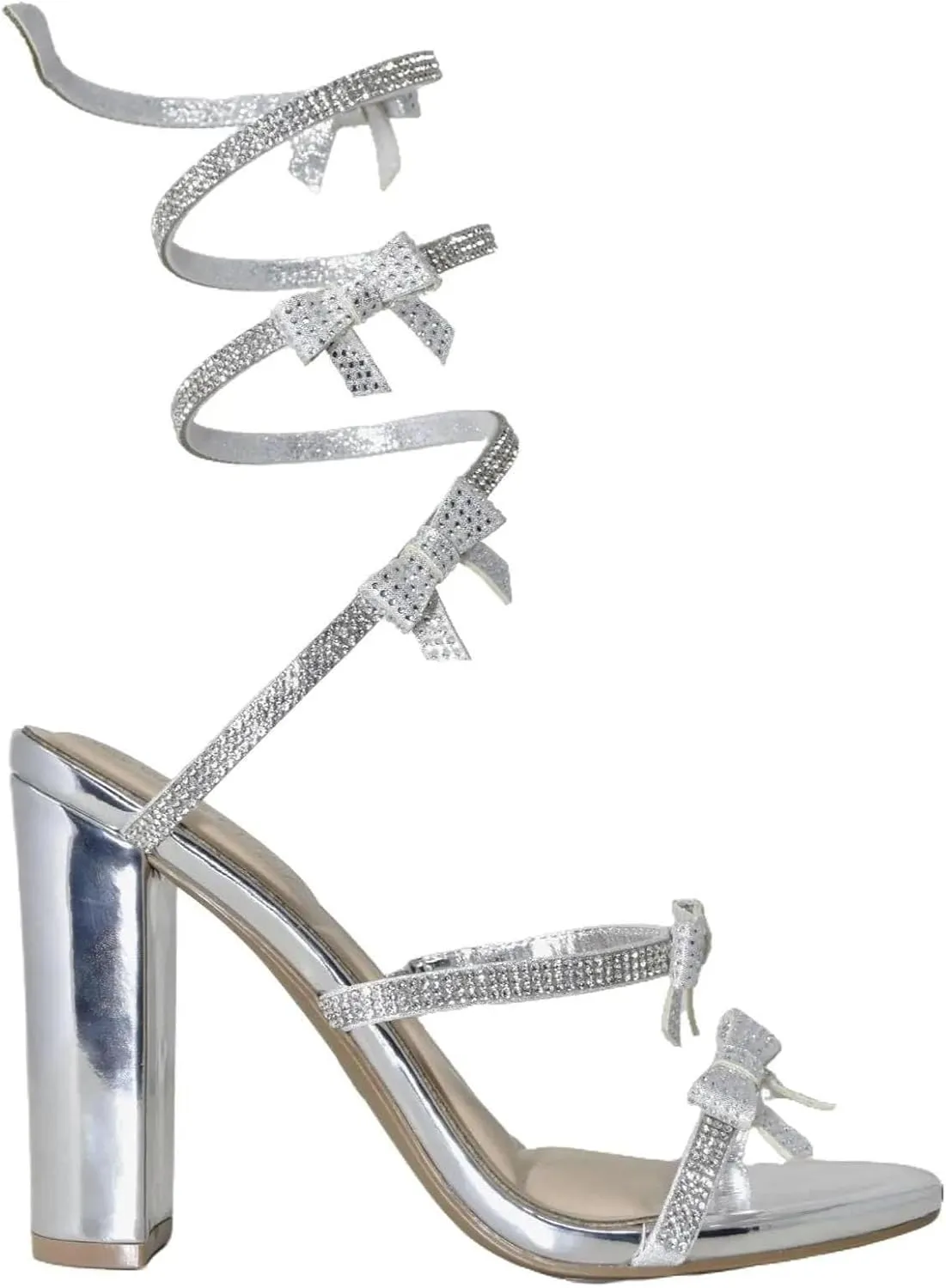 Wild Diva MORRIS-637 Embellished Rhinestone Sexy Coquette Bow Spiral Coil Wrap Around Block Heel Sandals