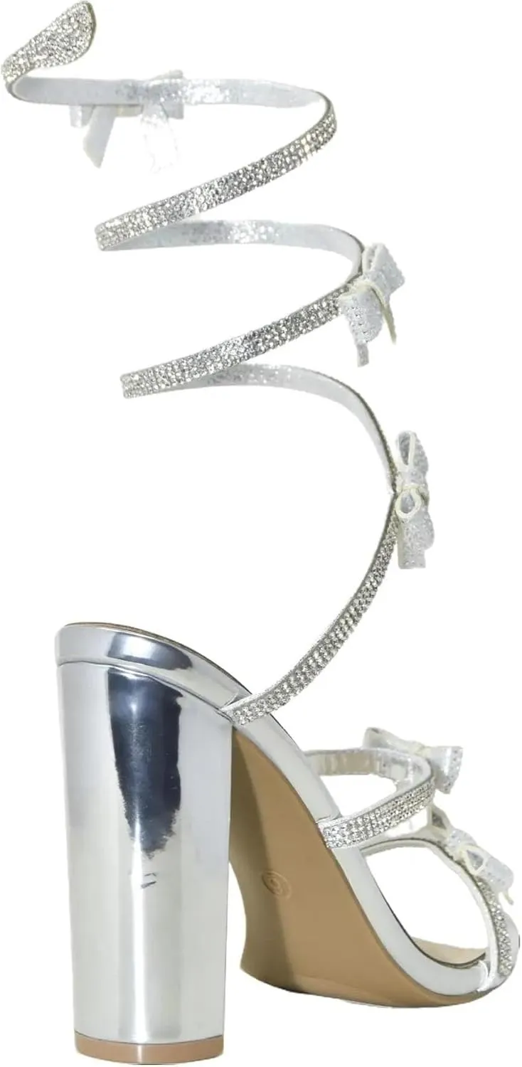 Wild Diva MORRIS-637 Embellished Rhinestone Sexy Coquette Bow Spiral Coil Wrap Around Block Heel Sandals