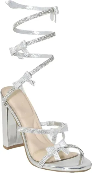 Wild Diva MORRIS-637 Embellished Rhinestone Sexy Coquette Bow Spiral Coil Wrap Around Block Heel Sandals