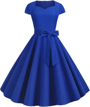Women 50s Vintage Short Sleeve Cocktail A-Line Swing Dress Sweetheart Neck 1950s Rockabilly Prom Dresses Ball Gown