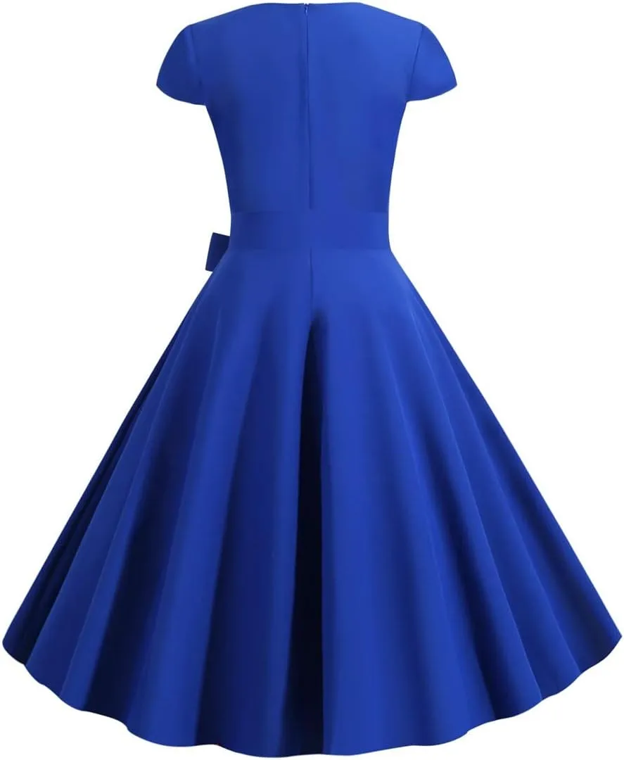 Women 50s Vintage Short Sleeve Cocktail A-Line Swing Dress Sweetheart Neck 1950s Rockabilly Prom Dresses Ball Gown