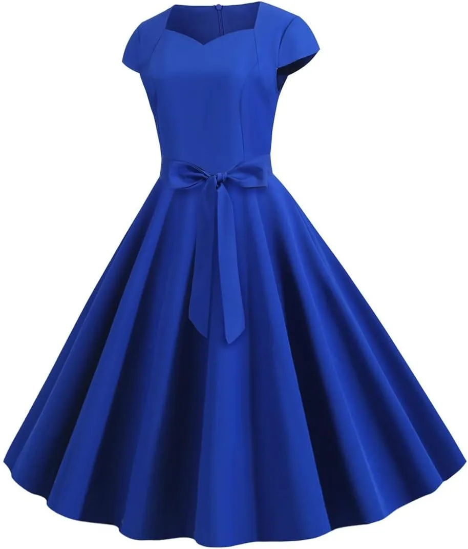 Women 50s Vintage Short Sleeve Cocktail A-Line Swing Dress Sweetheart Neck 1950s Rockabilly Prom Dresses Ball Gown