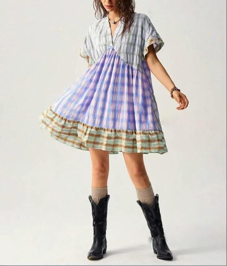 Women Boho Floral Babydoll Mini Dress Y2k Puff Sleeve Ruffle Flowy Short Dress Cute Summer V Neck Patchwork Dresses