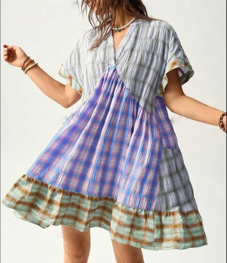 Women Boho Floral Babydoll Mini Dress Y2k Puff Sleeve Ruffle Flowy Short Dress Cute Summer V Neck Patchwork Dresses