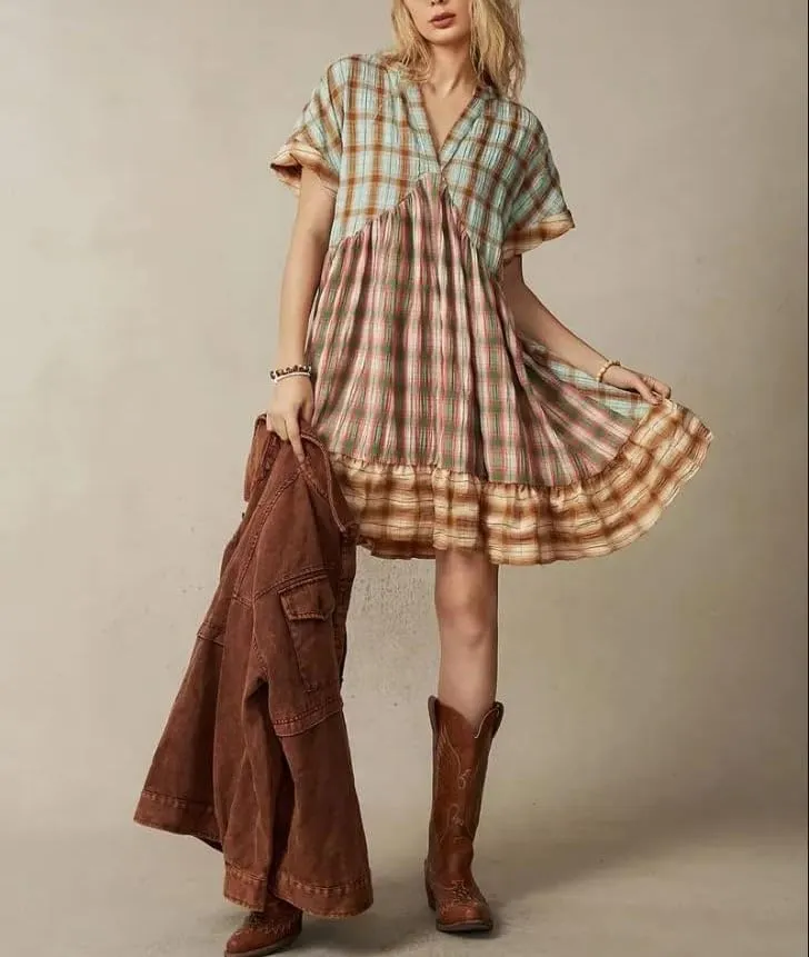Women Boho Floral Babydoll Mini Dress Y2k Puff Sleeve Ruffle Flowy Short Dress Cute Summer V Neck Patchwork Dresses