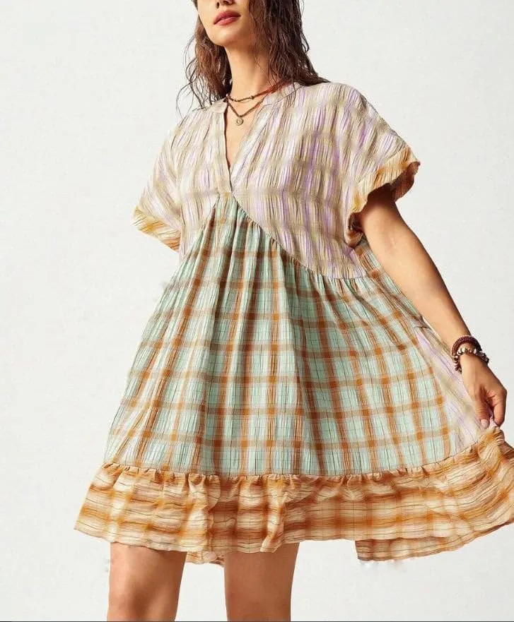 Women Boho Floral Babydoll Mini Dress Y2k Puff Sleeve Ruffle Flowy Short Dress Cute Summer V Neck Patchwork Dresses