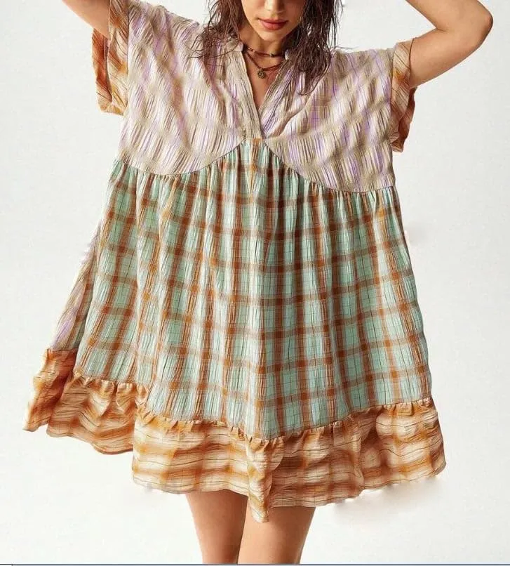Women Boho Floral Babydoll Mini Dress Y2k Puff Sleeve Ruffle Flowy Short Dress Cute Summer V Neck Patchwork Dresses