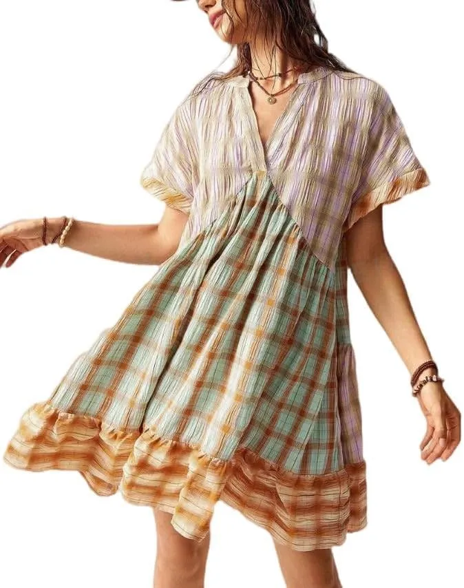 Women Boho Floral Babydoll Mini Dress Y2k Puff Sleeve Ruffle Flowy Short Dress Cute Summer V Neck Patchwork Dresses