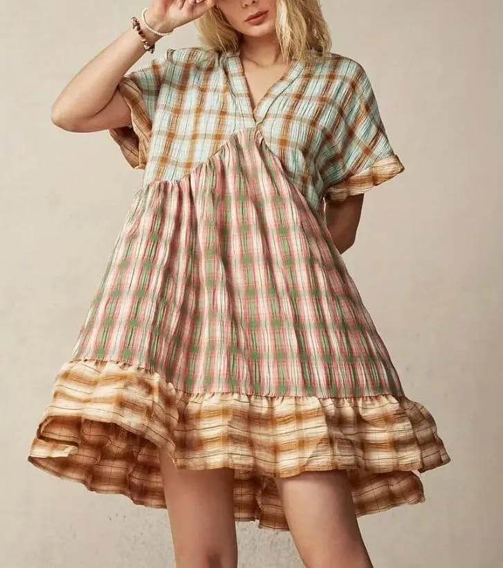 Women Boho Floral Babydoll Mini Dress Y2k Puff Sleeve Ruffle Flowy Short Dress Cute Summer V Neck Patchwork Dresses
