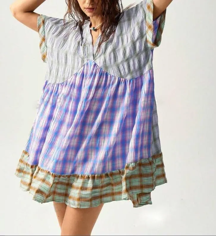 Women Boho Floral Babydoll Mini Dress Y2k Puff Sleeve Ruffle Flowy Short Dress Cute Summer V Neck Patchwork Dresses