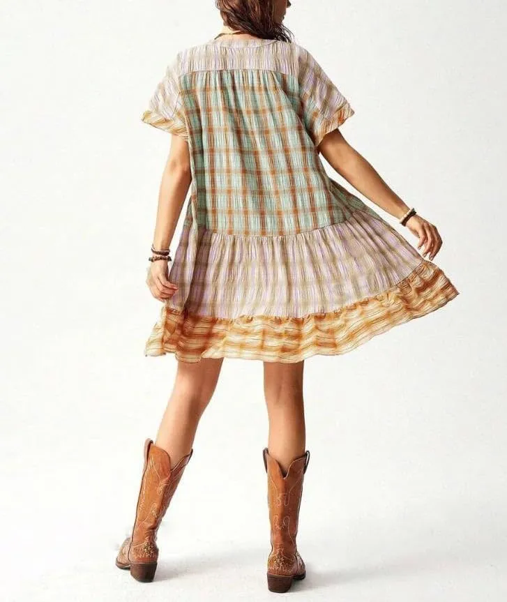 Women Boho Floral Babydoll Mini Dress Y2k Puff Sleeve Ruffle Flowy Short Dress Cute Summer V Neck Patchwork Dresses