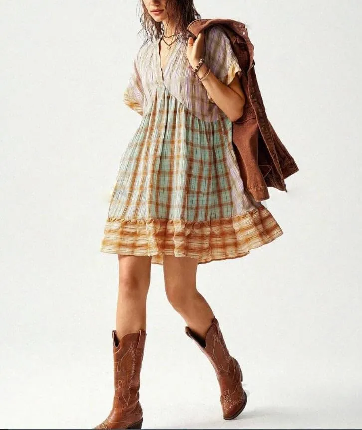 Women Boho Floral Babydoll Mini Dress Y2k Puff Sleeve Ruffle Flowy Short Dress Cute Summer V Neck Patchwork Dresses