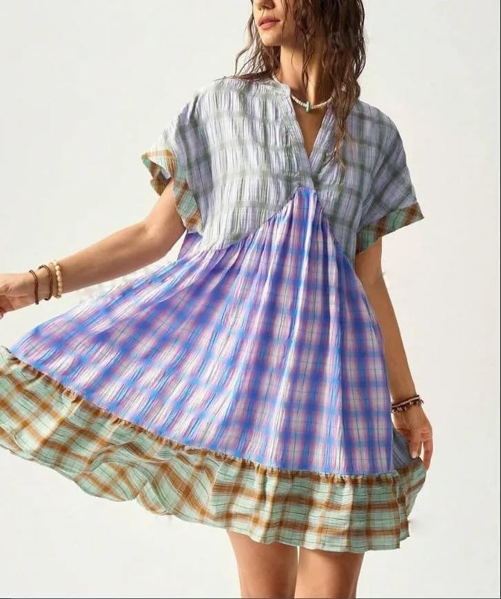 Women Boho Floral Babydoll Mini Dress Y2k Puff Sleeve Ruffle Flowy Short Dress Cute Summer V Neck Patchwork Dresses