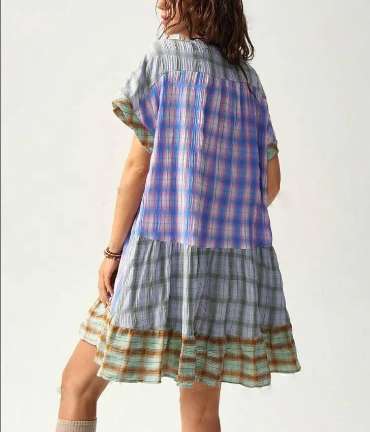 Women Boho Floral Babydoll Mini Dress Y2k Puff Sleeve Ruffle Flowy Short Dress Cute Summer V Neck Patchwork Dresses