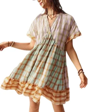 Women Boho Floral Babydoll Mini Dress Y2k Puff Sleeve Ruffle Flowy Short Dress Cute Summer V Neck Patchwork Dresses
