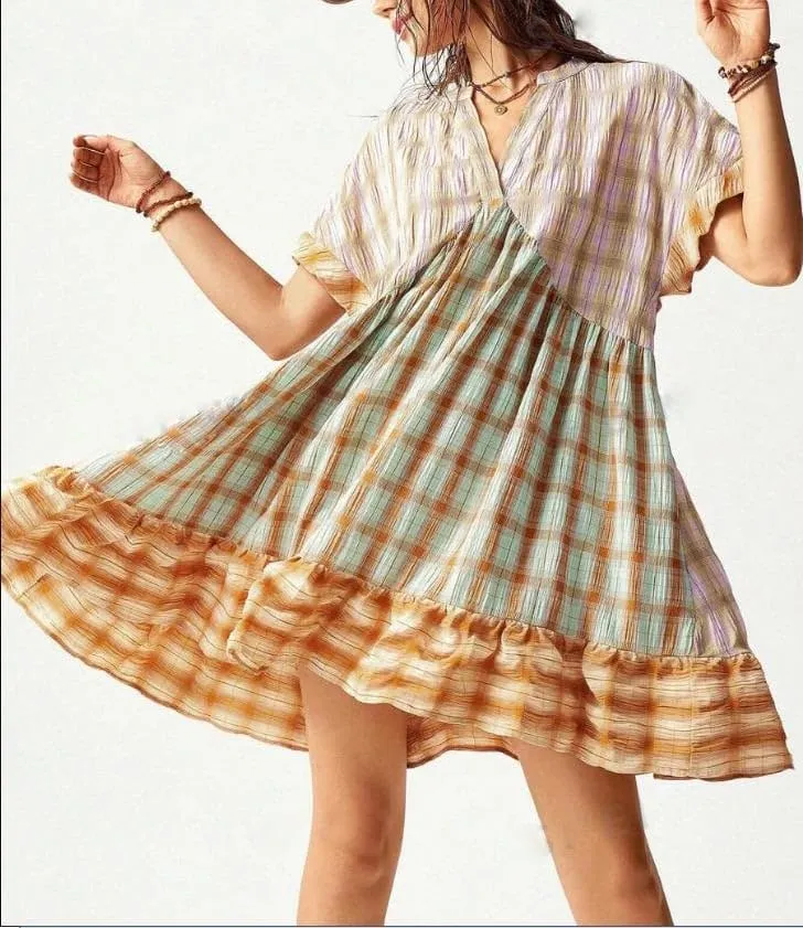 Women Boho Floral Babydoll Mini Dress Y2k Puff Sleeve Ruffle Flowy Short Dress Cute Summer V Neck Patchwork Dresses