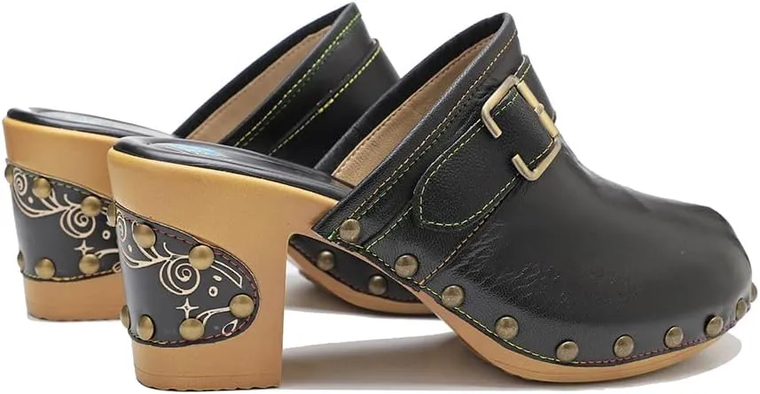 Women Clogs with Heel Summer Platform Chunky Heel Sandals Closed Toe Slip on Clogs Casual Backless Loafers Shoes Handmade Leather Retro Floral Print Antil Slip Comfort Slide Sandals Party Shoes