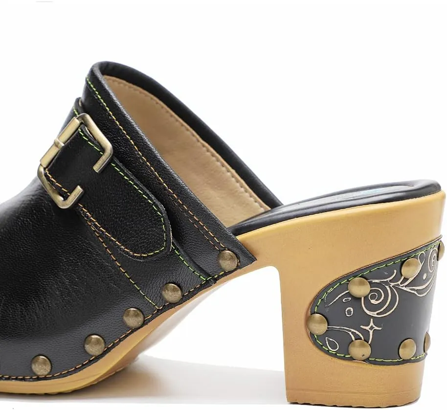 Women Clogs with Heel Summer Platform Chunky Heel Sandals Closed Toe Slip on Clogs Casual Backless Loafers Shoes Handmade Leather Retro Floral Print Antil Slip Comfort Slide Sandals Party Shoes