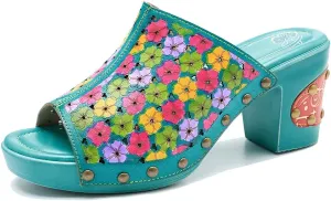 Women Clogs with Heel Summer Platform Chunky Heel Sandals Closed Toe Slip on Clogs Casual Backless Loafers Shoes Handmade Leather Retro Floral Print Antil Slip Comfort Slide Sandals Party Shoes