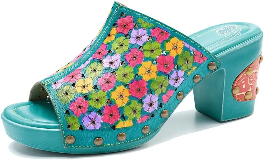Women Clogs with Heel Summer Platform Chunky Heel Sandals Closed Toe Slip on Clogs Casual Backless Loafers Shoes Handmade Leather Retro Floral Print Antil Slip Comfort Slide Sandals Party Shoes