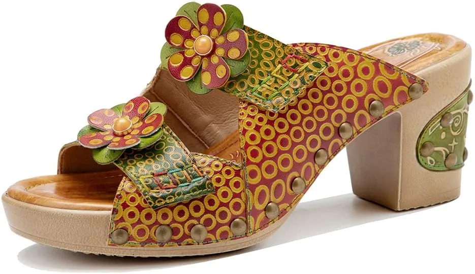 Women Clogs with Heel Summer Platform Chunky Heel Sandals Closed Toe Slip on Clogs Casual Backless Loafers Shoes Handmade Leather Retro Floral Print Antil Slip Comfort Slide Sandals Party Shoes