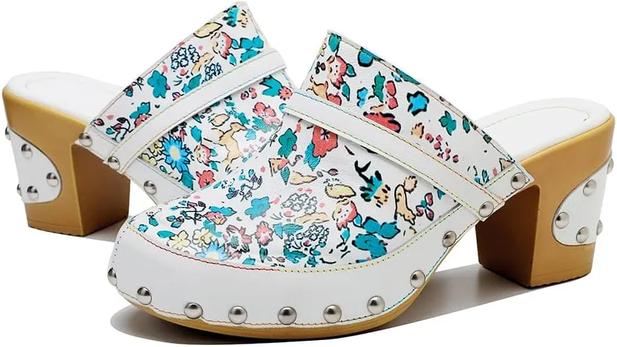 Women Clogs with Heel Summer Platform Chunky Heel Sandals Closed Toe Slip on Clogs Casual Backless Loafers Shoes Handmade Leather Retro Floral Print Antil Slip Comfort Slide Sandals Party Shoes
