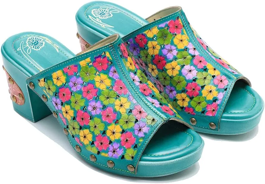 Women Clogs with Heel Summer Platform Chunky Heel Sandals Closed Toe Slip on Clogs Casual Backless Loafers Shoes Handmade Leather Retro Floral Print Antil Slip Comfort Slide Sandals Party Shoes