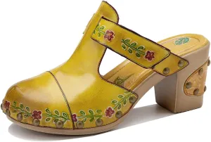 Women Clogs with Heel Summer Platform Chunky Heel Sandals Closed Toe Slip on Clogs Casual Backless Loafers Shoes Handmade Leather Retro Floral Print Antil Slip Comfort Slide Sandals Party Shoes