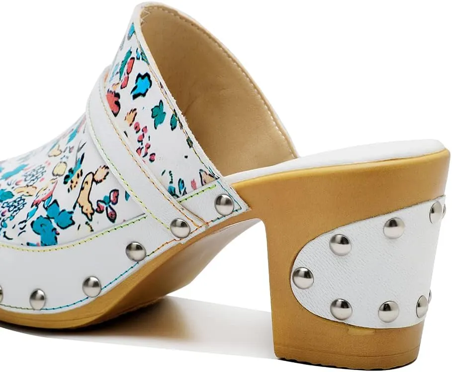 Women Clogs with Heel Summer Platform Chunky Heel Sandals Closed Toe Slip on Clogs Casual Backless Loafers Shoes Handmade Leather Retro Floral Print Antil Slip Comfort Slide Sandals Party Shoes