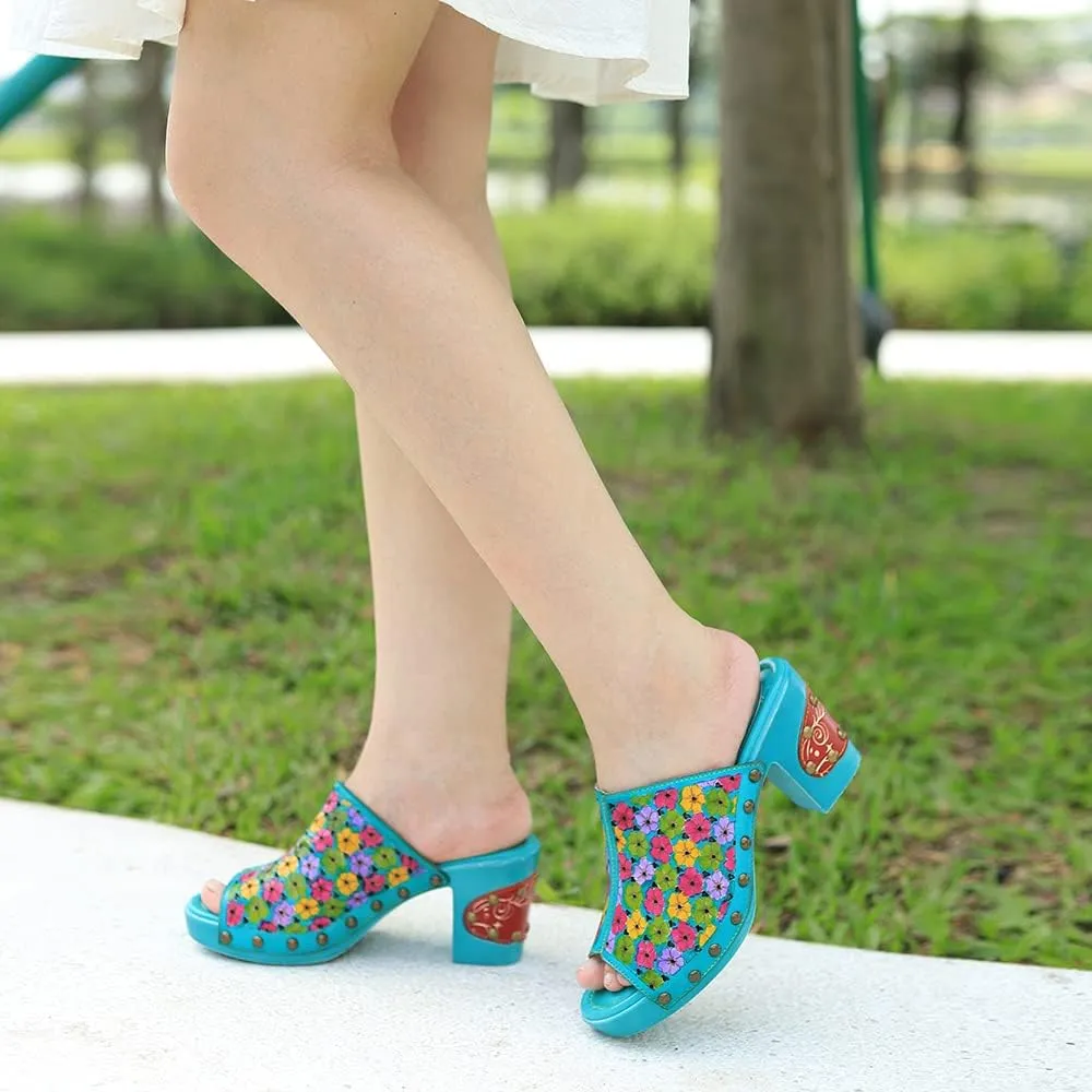 Women Clogs with Heel Summer Platform Chunky Heel Sandals Closed Toe Slip on Clogs Casual Backless Loafers Shoes Handmade Leather Retro Floral Print Antil Slip Comfort Slide Sandals Party Shoes