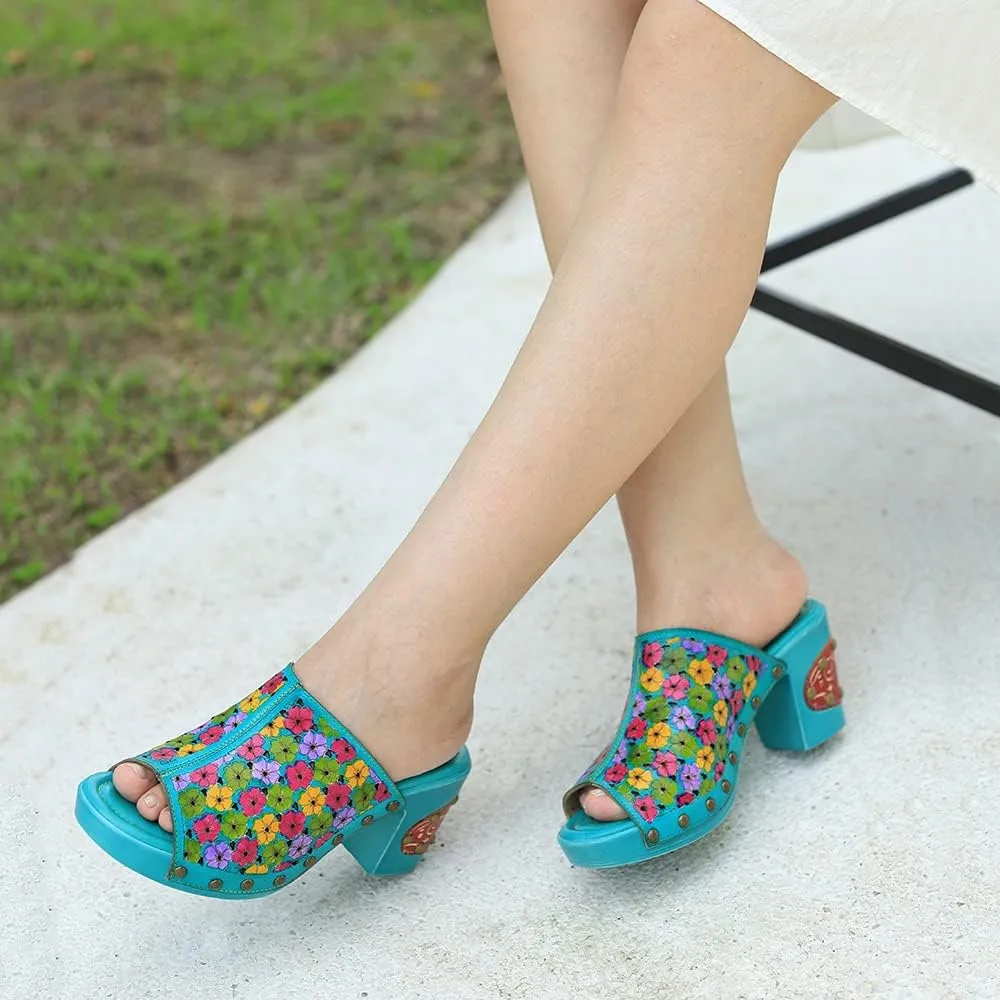 Women Clogs with Heel Summer Platform Chunky Heel Sandals Closed Toe Slip on Clogs Casual Backless Loafers Shoes Handmade Leather Retro Floral Print Antil Slip Comfort Slide Sandals Party Shoes