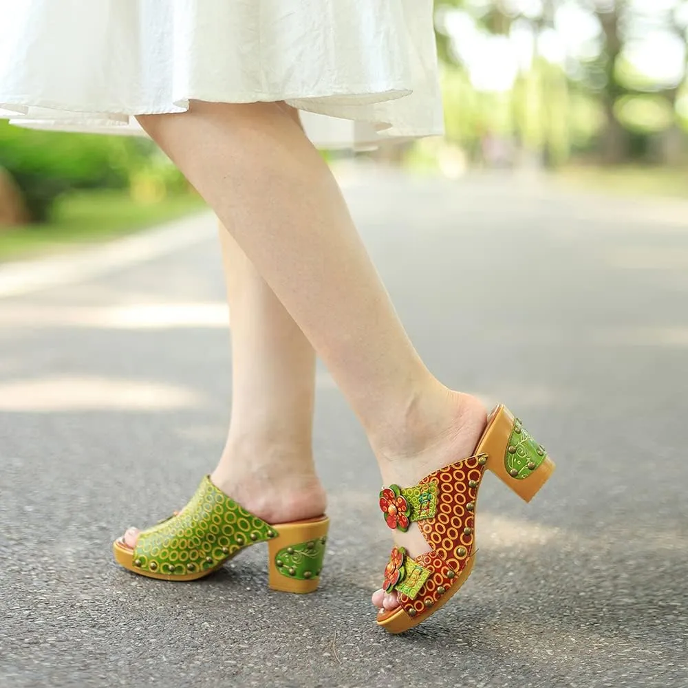 Women Clogs with Heel Summer Platform Chunky Heel Sandals Closed Toe Slip on Clogs Casual Backless Loafers Shoes Handmade Leather Retro Floral Print Antil Slip Comfort Slide Sandals Party Shoes