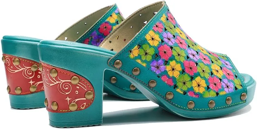Women Clogs with Heel Summer Platform Chunky Heel Sandals Closed Toe Slip on Clogs Casual Backless Loafers Shoes Handmade Leather Retro Floral Print Antil Slip Comfort Slide Sandals Party Shoes