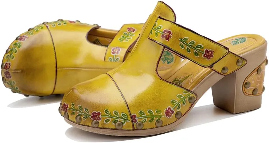 Women Clogs with Heel Summer Platform Chunky Heel Sandals Closed Toe Slip on Clogs Casual Backless Loafers Shoes Handmade Leather Retro Floral Print Antil Slip Comfort Slide Sandals Party Shoes