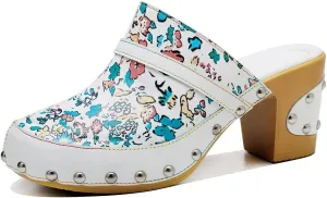Women Clogs with Heel Summer Platform Chunky Heel Sandals Closed Toe Slip on Clogs Casual Backless Loafers Shoes Handmade Leather Retro Floral Print Antil Slip Comfort Slide Sandals Party Shoes