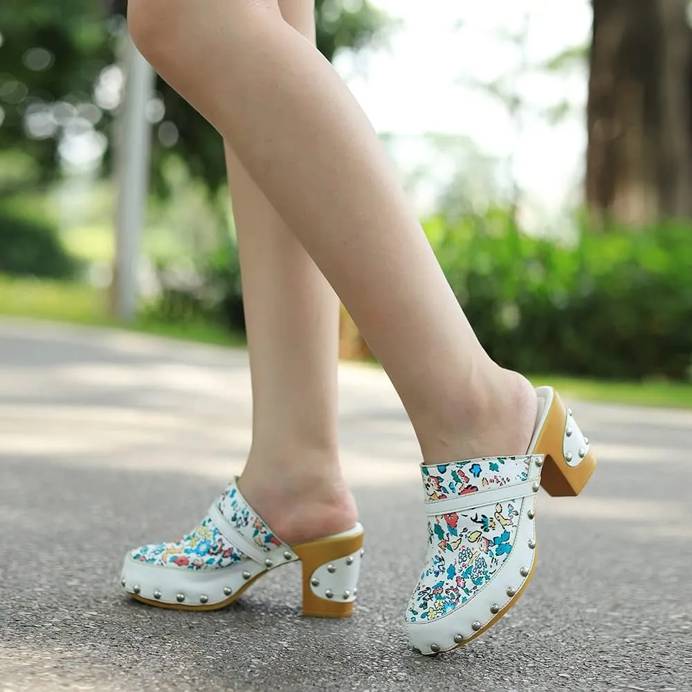 Women Clogs with Heel Summer Platform Chunky Heel Sandals Closed Toe Slip on Clogs Casual Backless Loafers Shoes Handmade Leather Retro Floral Print Antil Slip Comfort Slide Sandals Party Shoes