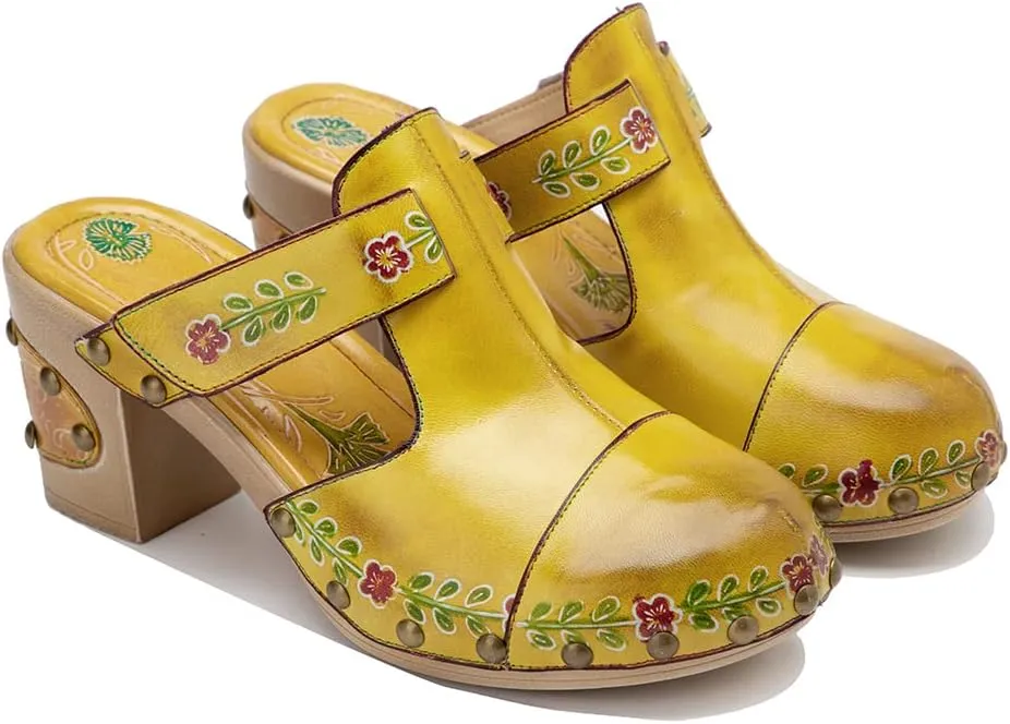 Women Clogs with Heel Summer Platform Chunky Heel Sandals Closed Toe Slip on Clogs Casual Backless Loafers Shoes Handmade Leather Retro Floral Print Antil Slip Comfort Slide Sandals Party Shoes