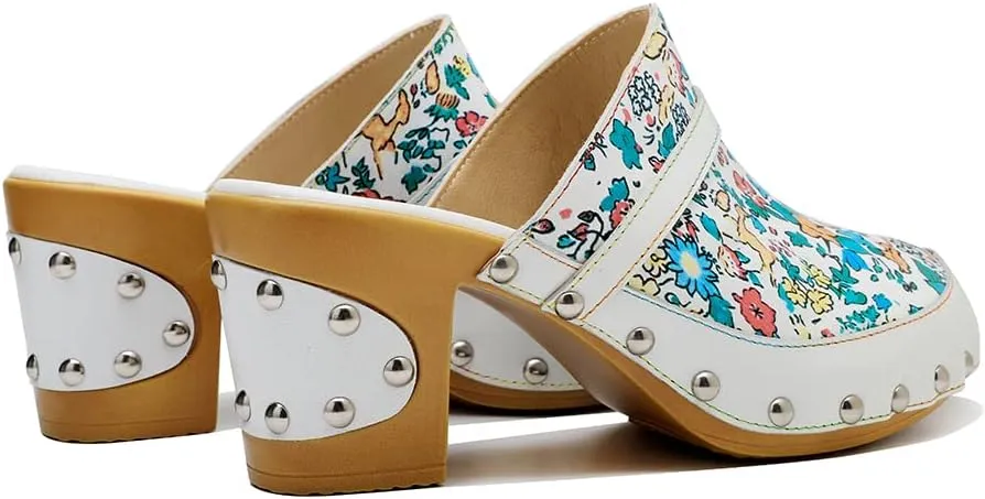 Women Clogs with Heel Summer Platform Chunky Heel Sandals Closed Toe Slip on Clogs Casual Backless Loafers Shoes Handmade Leather Retro Floral Print Antil Slip Comfort Slide Sandals Party Shoes
