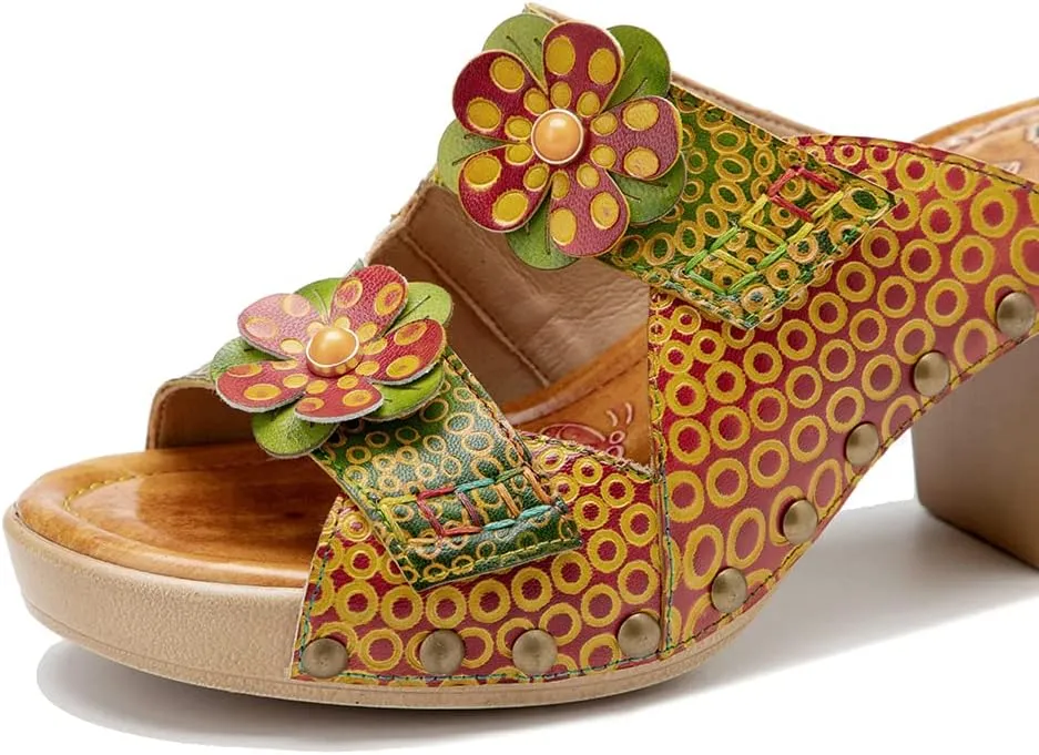 Women Clogs with Heel Summer Platform Chunky Heel Sandals Closed Toe Slip on Clogs Casual Backless Loafers Shoes Handmade Leather Retro Floral Print Antil Slip Comfort Slide Sandals Party Shoes