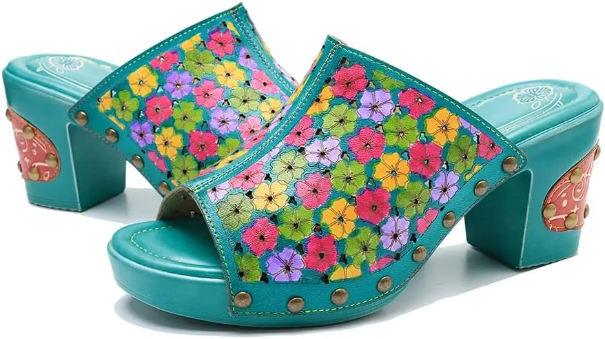 Women Clogs with Heel Summer Platform Chunky Heel Sandals Closed Toe Slip on Clogs Casual Backless Loafers Shoes Handmade Leather Retro Floral Print Antil Slip Comfort Slide Sandals Party Shoes