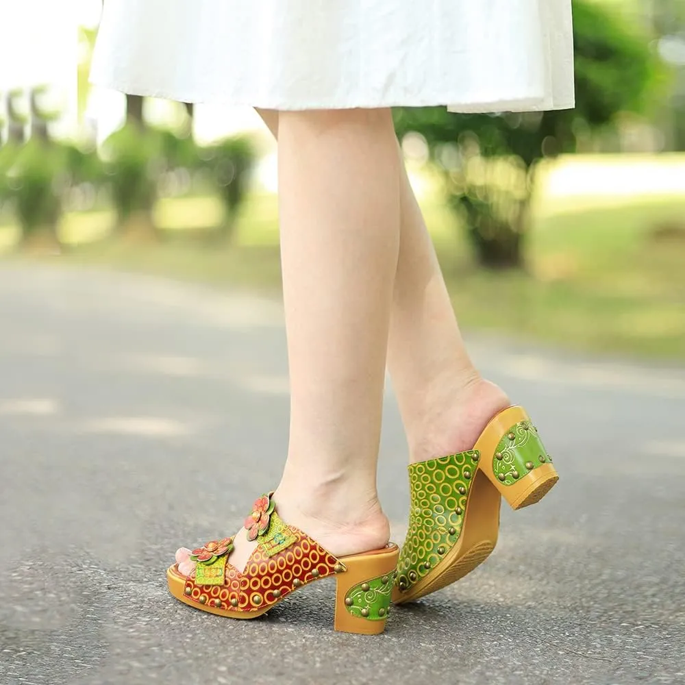 Women Clogs with Heel Summer Platform Chunky Heel Sandals Closed Toe Slip on Clogs Casual Backless Loafers Shoes Handmade Leather Retro Floral Print Antil Slip Comfort Slide Sandals Party Shoes