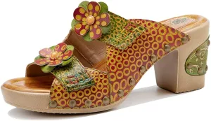 Women Clogs with Heel Summer Platform Chunky Heel Sandals Closed Toe Slip on Clogs Casual Backless Loafers Shoes Handmade Leather Retro Floral Print Antil Slip Comfort Slide Sandals Party Shoes