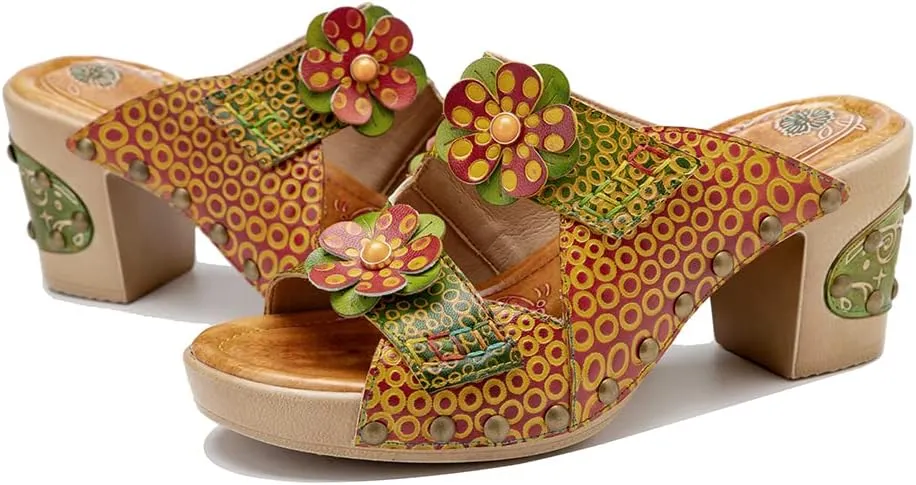 Women Clogs with Heel Summer Platform Chunky Heel Sandals Closed Toe Slip on Clogs Casual Backless Loafers Shoes Handmade Leather Retro Floral Print Antil Slip Comfort Slide Sandals Party Shoes