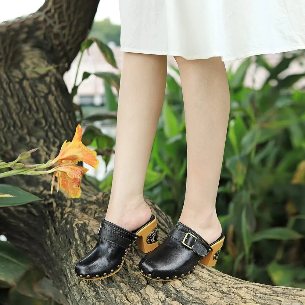 Women Clogs with Heel Summer Platform Chunky Heel Sandals Closed Toe Slip on Clogs Casual Backless Loafers Shoes Handmade Leather Retro Floral Print Antil Slip Comfort Slide Sandals Party Shoes