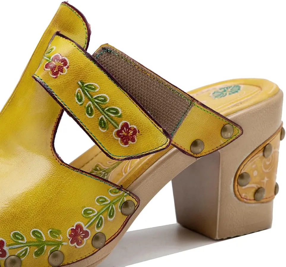 Women Clogs with Heel Summer Platform Chunky Heel Sandals Closed Toe Slip on Clogs Casual Backless Loafers Shoes Handmade Leather Retro Floral Print Antil Slip Comfort Slide Sandals Party Shoes